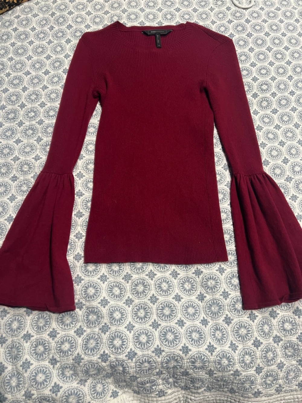 BCBGMaxAzria Burgundy Ribbed Knit Crew Sweater